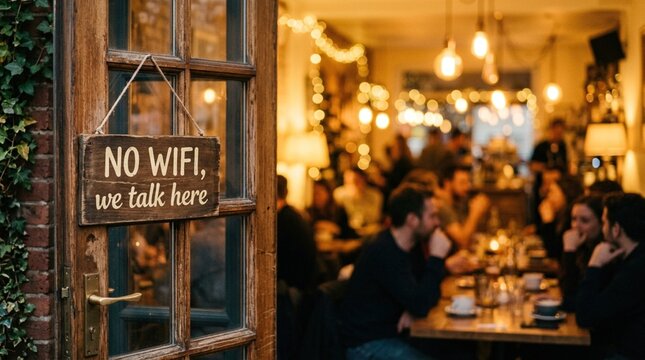 Wooden door with a sign reading "No WiFi, we talk here" leading into a cozy cafe filled with warm lighting and patrons engaged in conversation