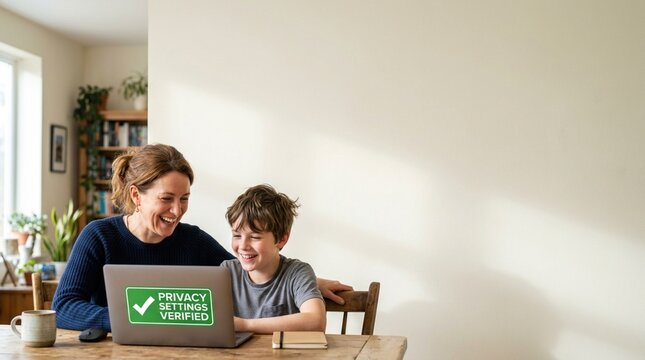 Woman and boy sitting at wooden table using laptop with privacy settings verified message, indoor setting with plants and bookshelves in the background