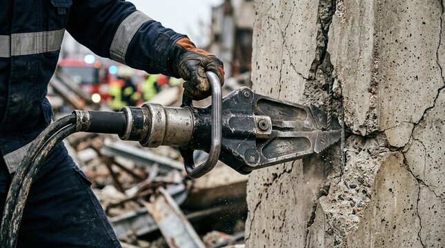Construction worker using hydraulic breaker to demolish concrete wall at a construction site with debris and machinery visible in the background