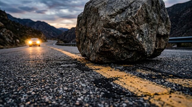 Large boulder obstructing a winding mountain road at dusk, with headlights of a vehicle approaching in the background and rocky terrain visible on either side