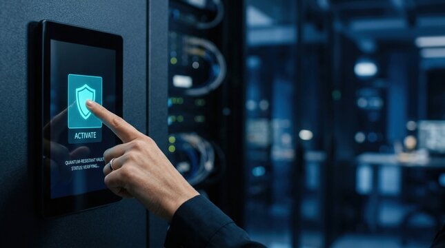 Hand of a person in black shirt touching a digital screen displaying a shield icon with the word 'ACTIVATE' in a modern server room with data cables visible