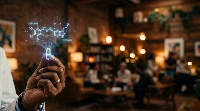Hand holding a digital pill with molecular structure of dopamine and serotonin displayed in a cozy cafe setting with people socializing in the background