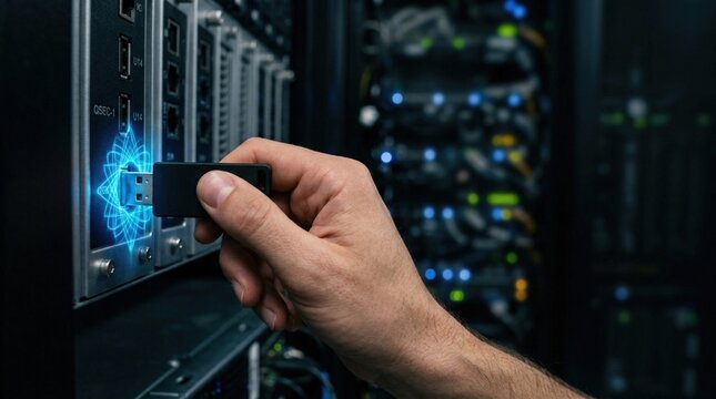 Hand inserting USB flash drive into server port with illuminated data connections in a modern data center environment showcasing technology and connectivity