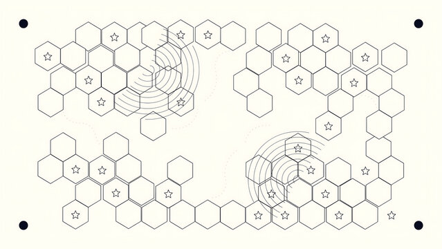 Hexagon grid pattern with small stars and circular ripples isolated on a transparent background