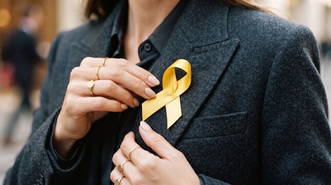Closeup of woman wearing dark blazer and yellow awareness ribbon on lapel