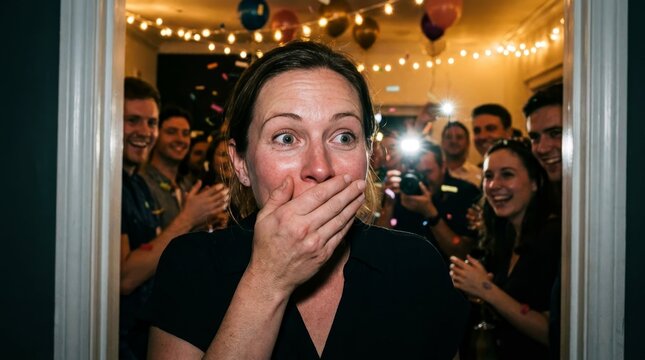 Middle-Aged Woman Showing Shocked and Surprised Expression at a Surprise Party Celebration with Friends