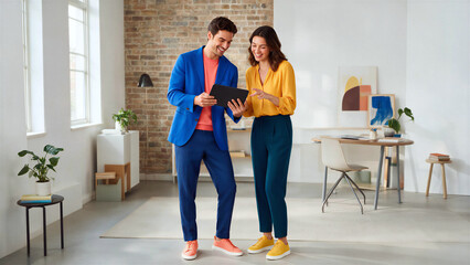 Fototapeta premium Collaborative creative professionals reviewing digital content together in a modern workspace environment with vibrant fashion, technology focus, and contemporary interior design elements