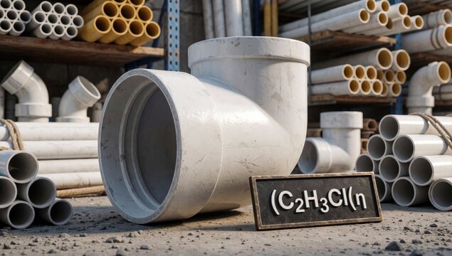 Large white pvc pipe text c2h3cln written center surrounded other pipes different sizes colors stacked top eac