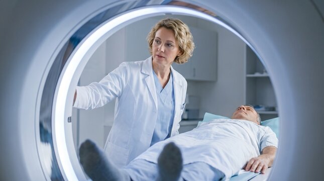 Radiology. Doctor supervising a patient entering a CT scanner, illustrating diagnostic imaging, computed tomography, hospital radiology and medical examination.