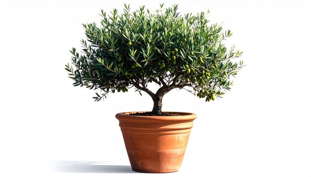 Small, green olive tree with developing fruit in a terracotta pot