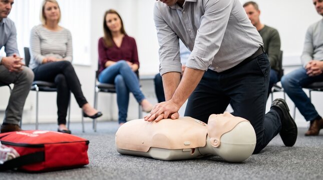 First aid. Man practicing CPR chest compressions on a training mannequin during group course, representing emergency response, basic life support and lifesaving skills.