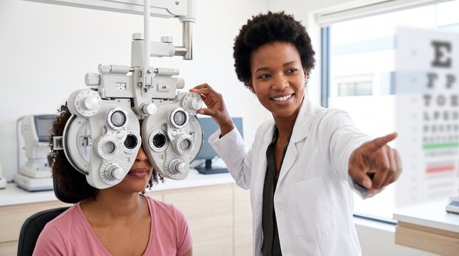 Ophthalmology. Optometrist guiding a patient during vision testing with a phoropter and eye chart, representing eye exam, optometry care and vision correction.