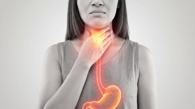 Gastroenterology. Woman holding throat with glowing esophagus and stomach overlay, representing acid reflux, GERD, heartburn and digestive discomfort.