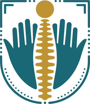 Chiropractic spine logo with healing hands, orthopedic spinal column icon in teal and gold, osteopathy and manual therapy medical emblem vector