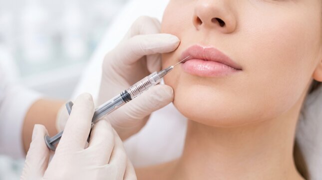 Aesthetic medicine. Close-up of a cosmetic professional performing lip filler injection with a syringe and gloved hands, illustrating facial rejuvenation, beauty procedures and dermal filler treatment