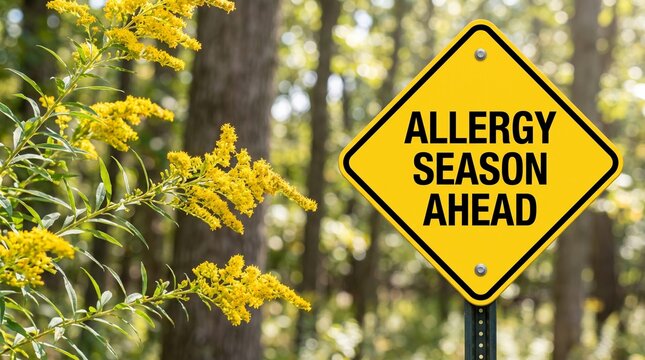 Allergology. Allergy season warning sign near blooming plants and trees, illustrating seasonal allergies, pollen exposure, hay fever and environmental triggers.