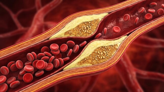 Cardiology. 3D cross-section of a narrowed artery with atherosclerotic plaque and red blood cells, illustrating cholesterol buildup, vascular disease and circulation risk.