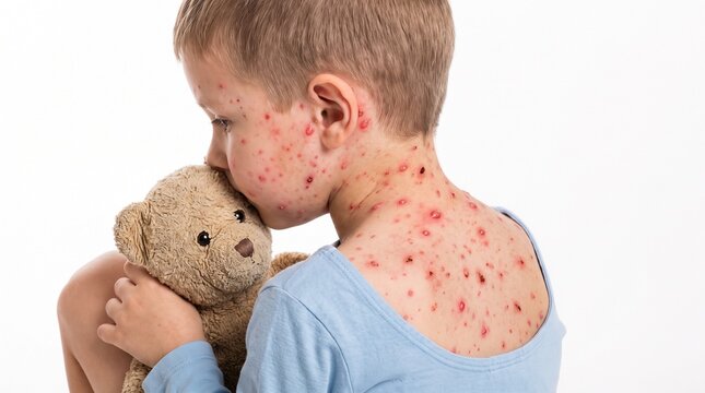 Dermatology. Child with a widespread blistering skin rash on the face, neck and back while holding a teddy bear, illustrating pediatric skin disease and dermatological care.