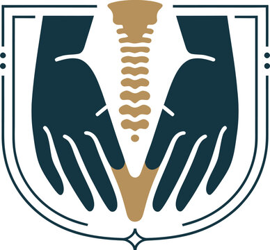 Chiropractic spine logo with healing hands, orthopedic back health icon, spinal column and manual therapy vector illustration for medical clinics