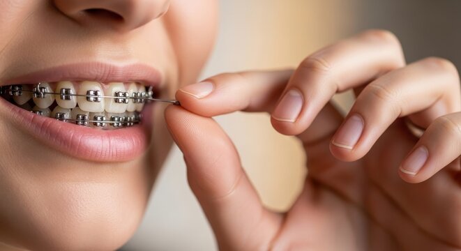 Young woman using dental floss to clean her teeth with metal braces on a sunny day for good oral hygiene and healthy smile dental care routine