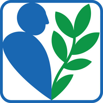 Minimalist environmental logo with human silhouette and green leaf, ecological sustainability icon, blue person and plant vector illustration