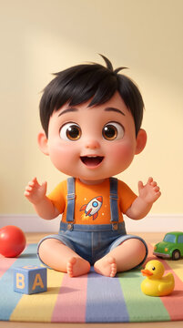 Cheerful toddler boy cartoon character sitting happily on floor surrounded by colorful toy and block indoor
