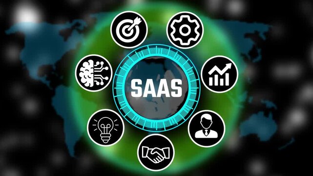 Futuristic business SAAS trin interface with circular Hud icons, teamwork and abbreviation appearing in circle surrounded by business related icons HD video