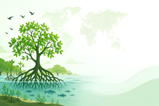 Mangrove Ecosystem Conservation Background with Mangrove Tree, Marine Life and World Map &ndash; Environmental Awareness Illustration
