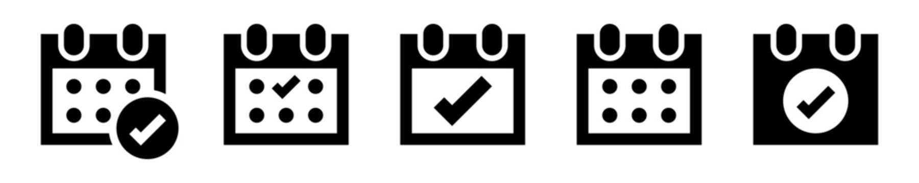 5 iconos de calendario para programaci&oacute;n que representan eventos, planificaci&oacute;n y confirmaci&oacute;n de fechas, estilo s&oacute;lido