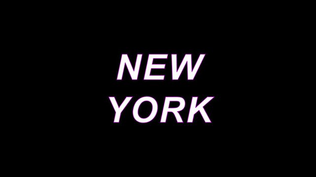 New York city label glitch animation on a plain black background