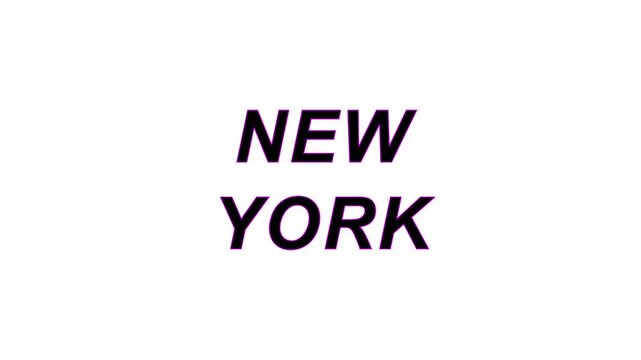 New York city label glitch animation on a plain black background