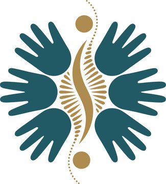 Teal and gold logo of four hands in a circle with a sunburst design, symbolizing unity and cooperation.