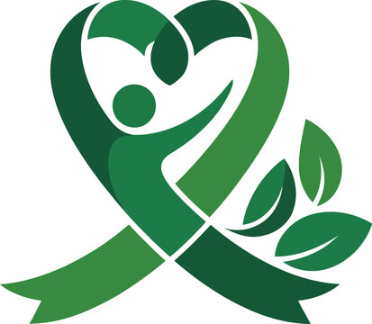 Green ribbon logo with leaves and heart symbol for eco friendly and environmental awareness