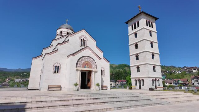Andricgrad, Visegrad, Bosnia and Herzegovina - May 30, 2026: Front view of the Church of Saint Lazar in the Andricgrad cultural complex