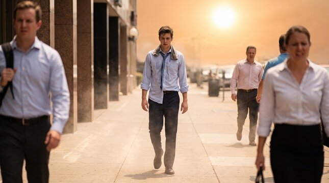 Young white man walking on a city sidewalk with a towel around his neck. Business people walking nearby. Orange hazy sky. Extreme urban heatwave, heat exhaustion, climate change concept.