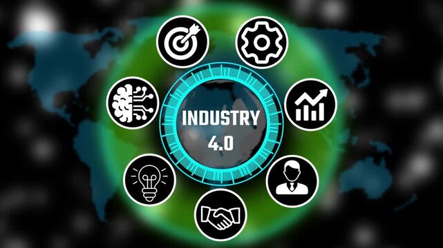 Futuristic business industry 4.0 trin interface with circular Hud icons, teamwork and abbreviation appearing in circle surrounded by business related icons HD video