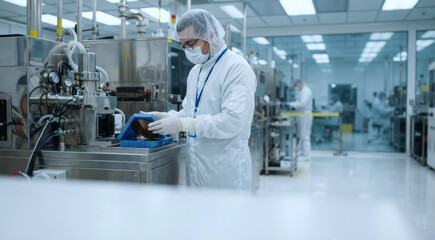 Naklejka premium Semiconductor technician in full protective suit inspecting a wafer cassette beside stainless equipment in a cleanroom manufacturing facility.
