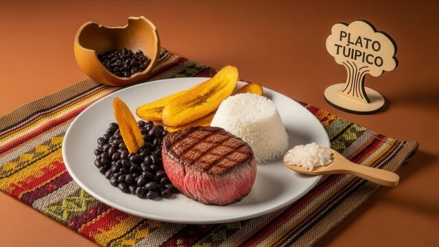 Gourmet Plato T&iacute;pico (Seared Beef, Coconut Rice, Beans and Plantain), Warm Earth Toned Copy Space