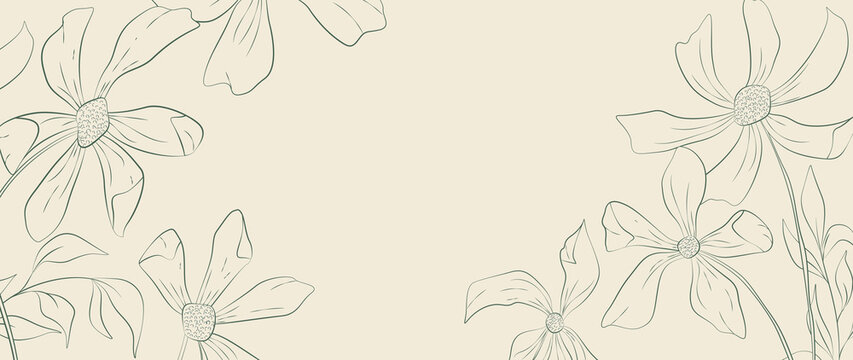 Premium vintage background with line-style flowers. Floral banner for wallpaper, prints, posters, packaging, textiles, and interiors.