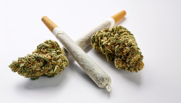 two rolled cannabis joints with marijuana buds and herb on white background for wellness and relaxation concept