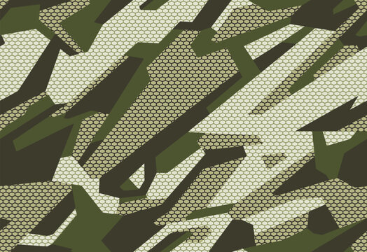 Full Seamless woodland geometric camouflage background. Olive and khaki shards create a military army pattern over honeycomb mesh, rugged vector fabric texture and uniform print.