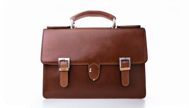 brown leather briefcase with buckles and handle standing upright isolated on white background