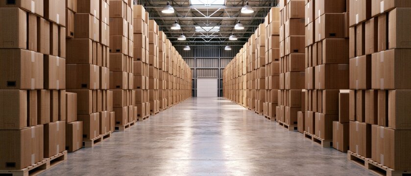 Large warehouse filled with stacked cardboard boxes in storage area during daylight hours