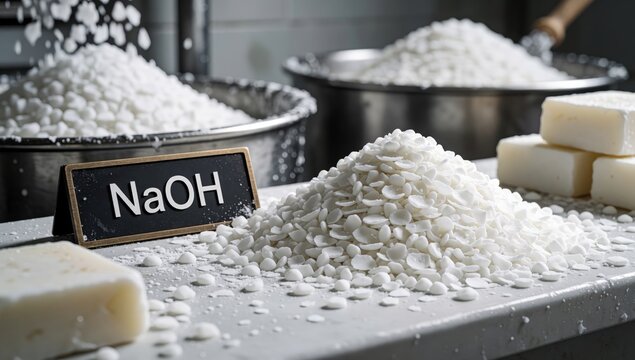 Kitchen countertop pile white grated cheese left side there small black sign word naoh written letters next la