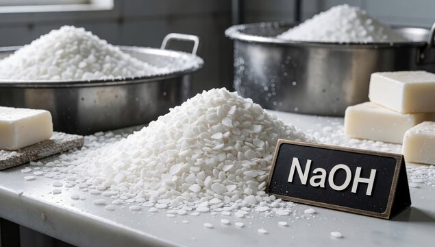 Kitchen countertop pile white grated cheese next there small black sign word naoh written letters right side l