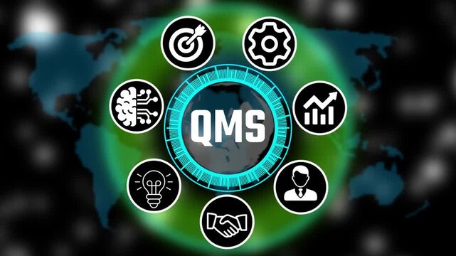 Futuristic business QMS trin interface with circular Hud icons, teamwork and abbreviation appearing in circle surrounded by business related icons HD video