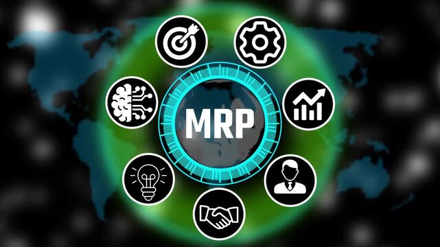 Futuristic business MRP trin interface with circular Hud icons, teamwork and abbreviation appearing in circle surrounded by business related icons HD video
