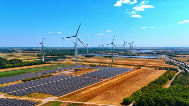 Hybrid renewable energy park with solar and wind power. Aerial view of a solar farm and wind turbines next to patchwork fields and a highway.
