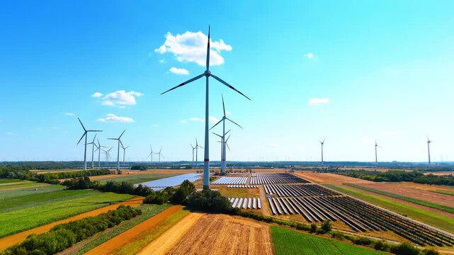 Solar panel rows and wind turbines landscape. Renewable energy park with photovoltaic arrays and white windmill generators. Aerial view.