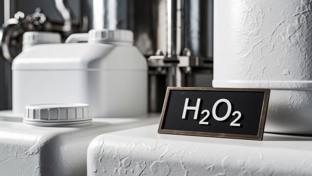 Close-up white tank black label reads h2o2 appears made metal has cylindrical shape lid top background there s